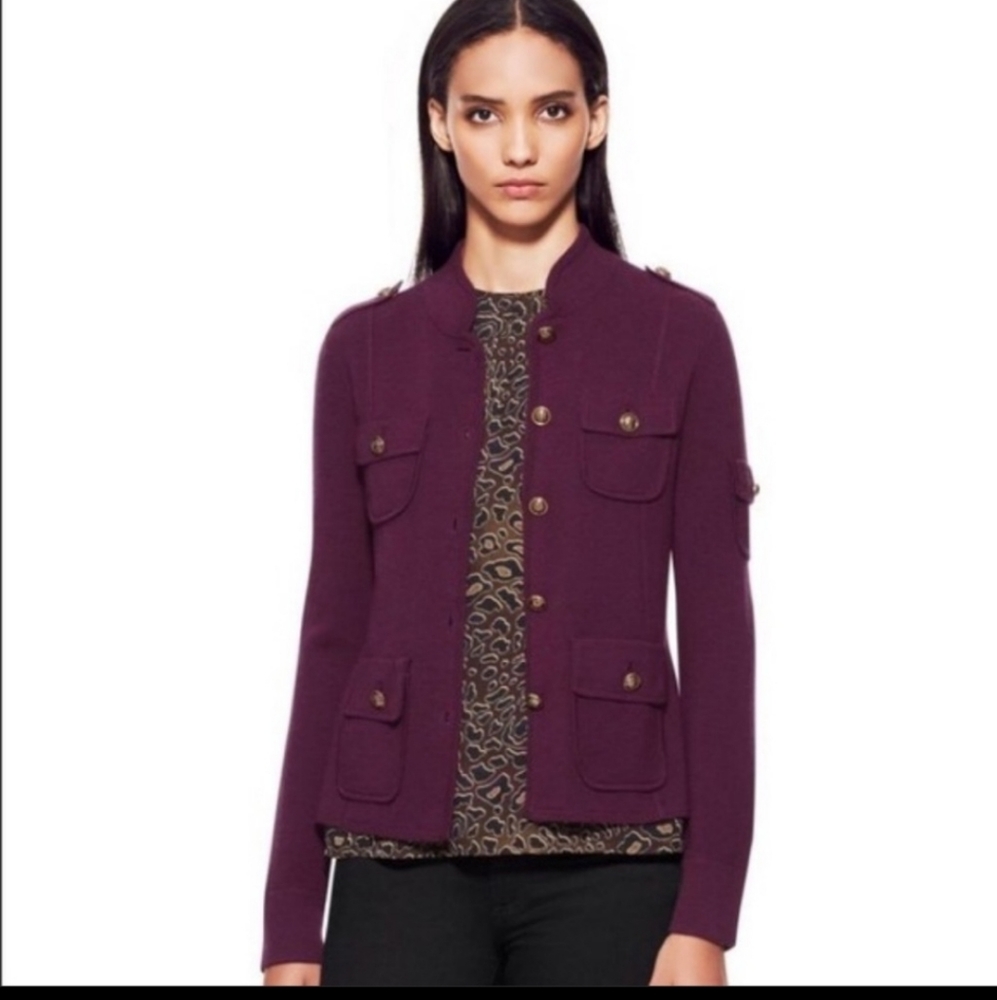 Tory Burch Plum Military-Style Knit Jacket